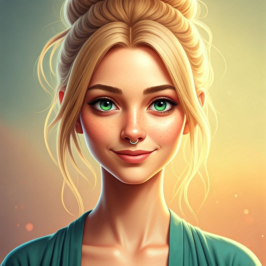 Young Woman with Green Eyes in Pastel Hues