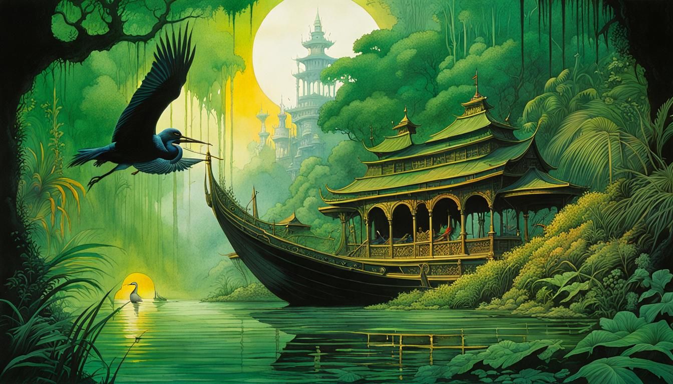 Hidden City on Jungle River in Dark Greens