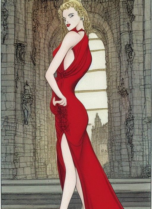Elegant Woman in Red Gown, Comic Book Style