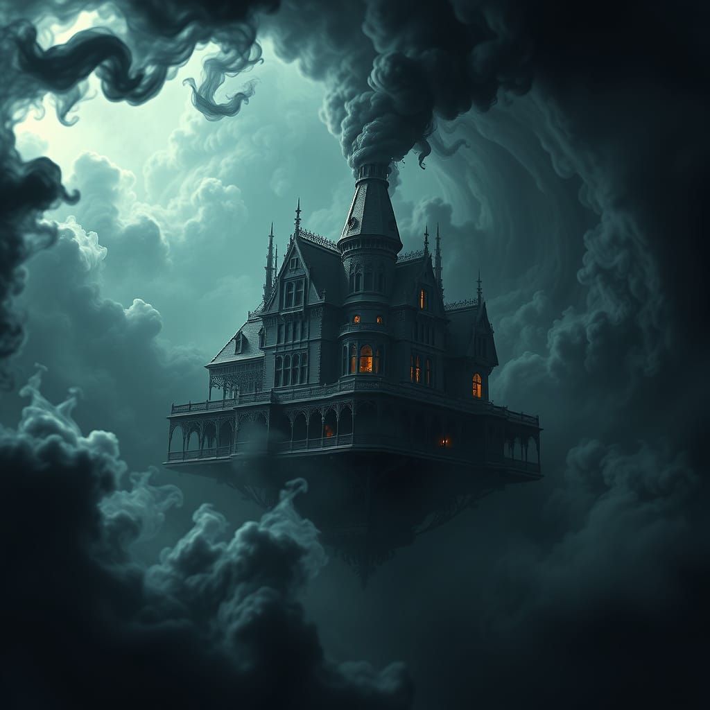 Surreal Dark Fantasy Mansion Floating in a Swirling Vortex o...
