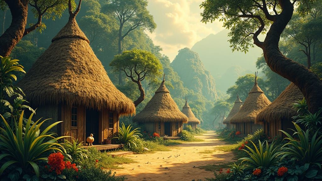 Idyllic Primitive Village in Lush Jungle Landscape