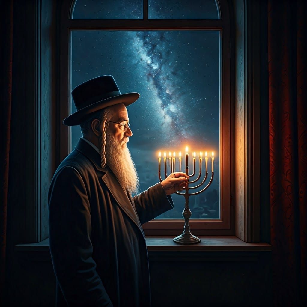 A Devout Haredi Hasidic Man Lights Hanukkah Candle Under Sta...