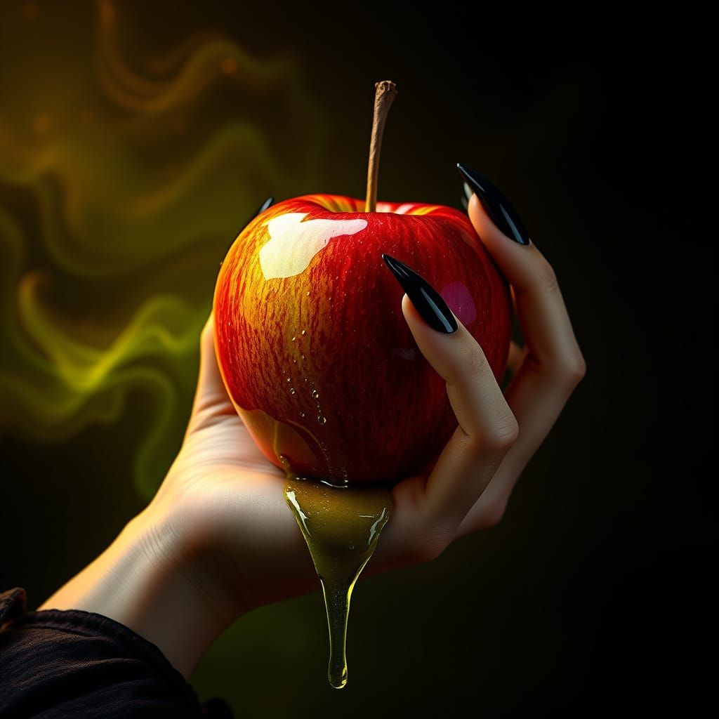 Mystical Hand Grasping Poisoned Apple in Velvet Blackness
