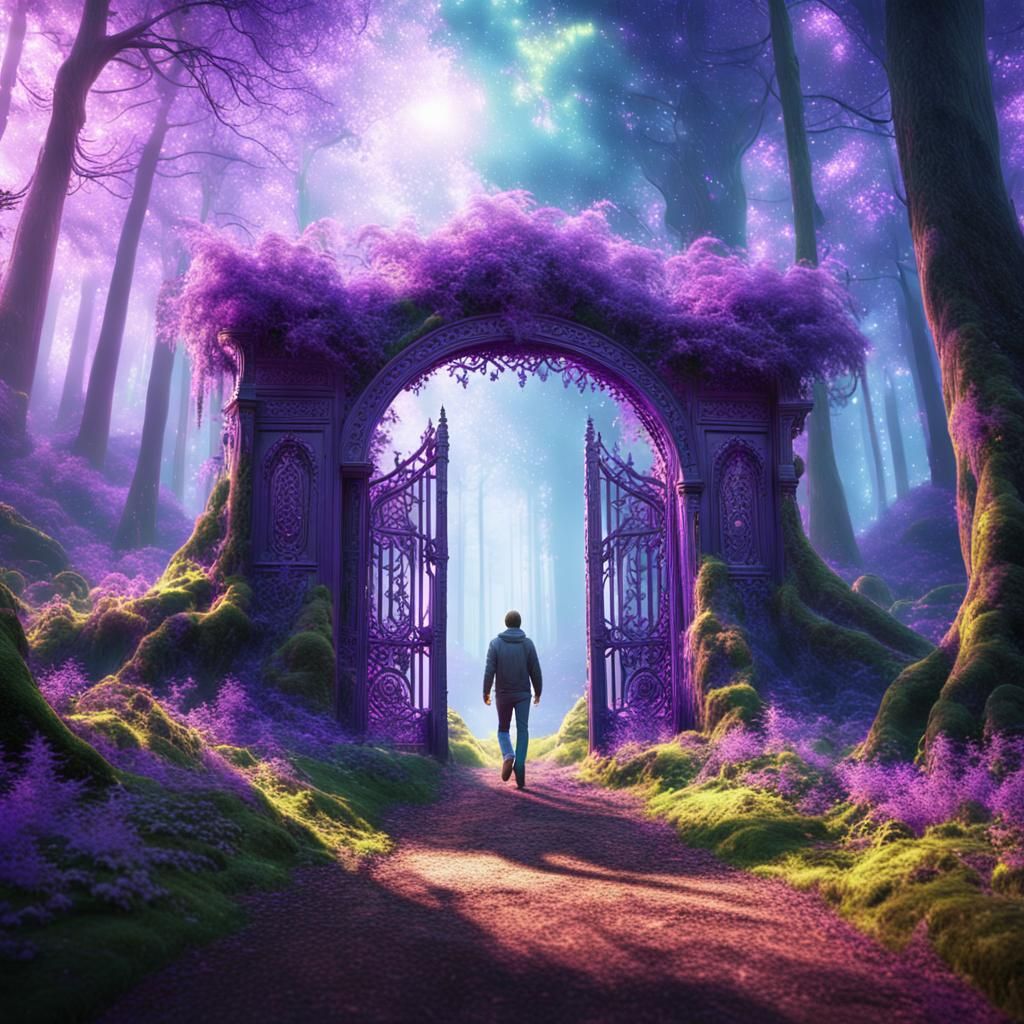 Magical Purple Gate in Forest, Digital Matte Painting