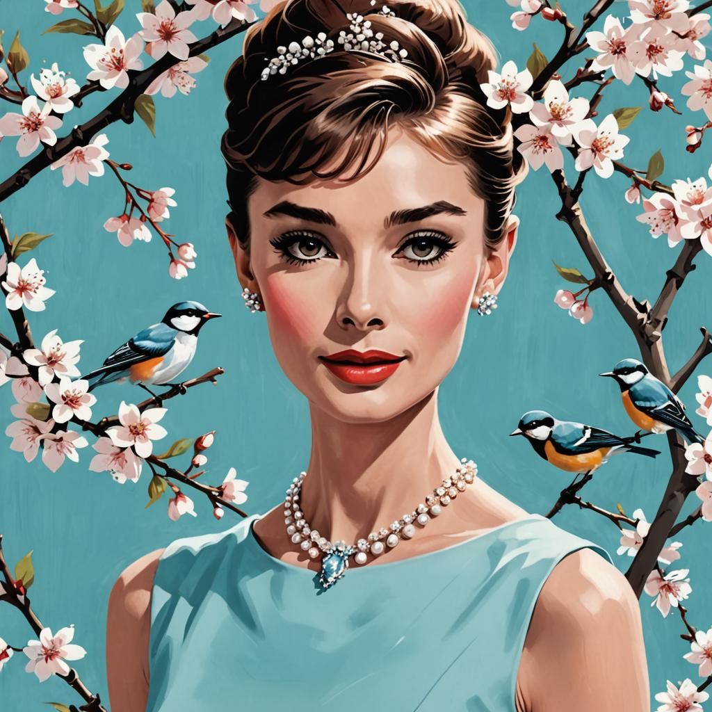 Audrey Hepburn Cherry Illustration in Mid-Century Style