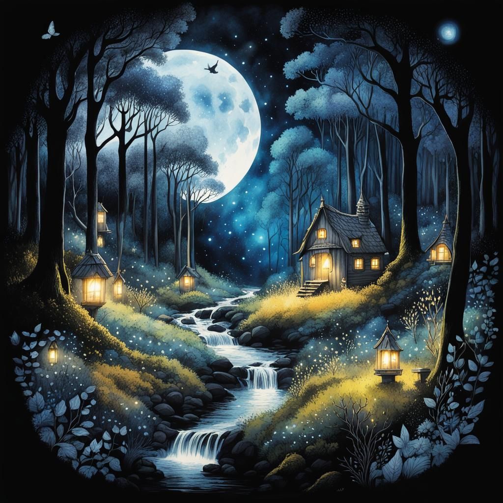 Enchanted Forest with Fairy Houses in Pen and Ink