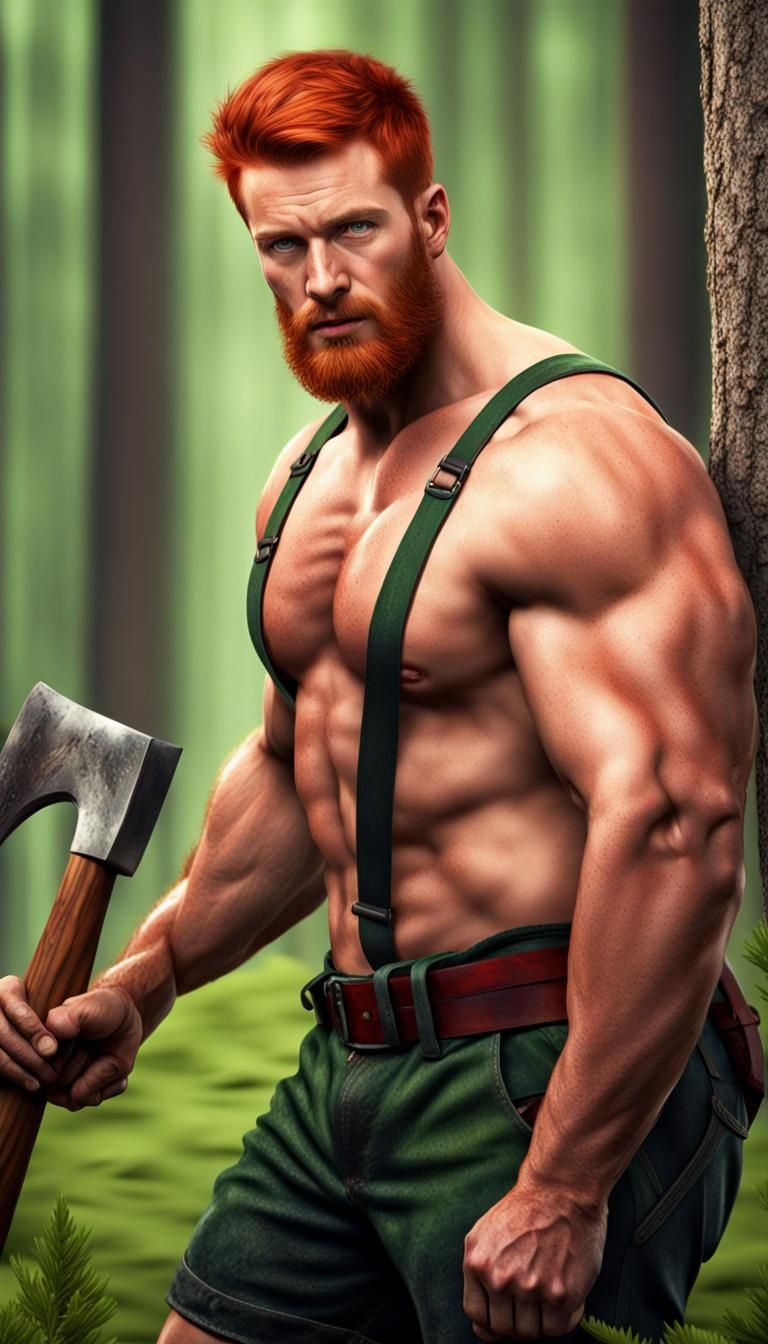 Handsome Red-Haired Lumberjack with Axe in Forest