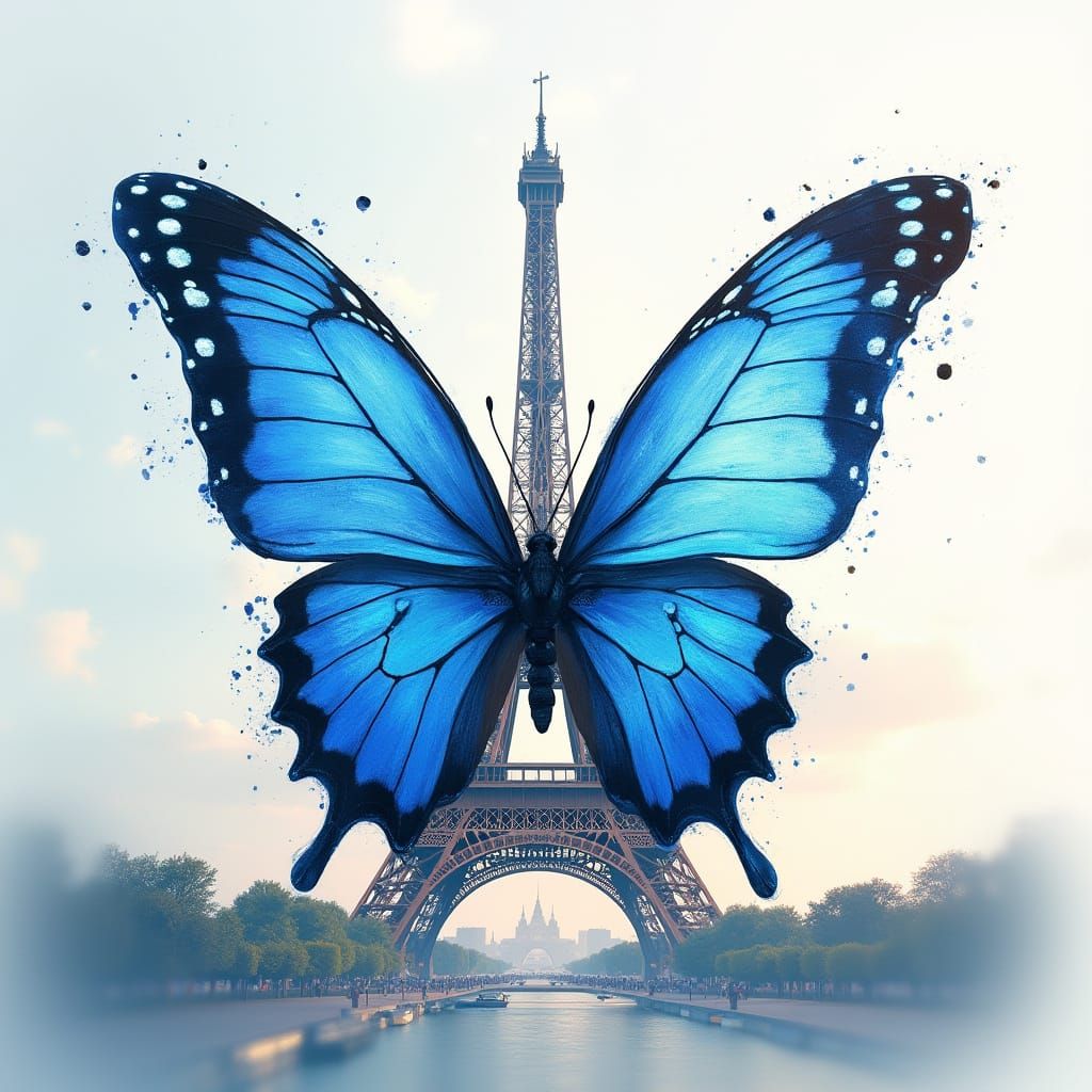 Blue Butterfly Amidst Eiffel Tower in Fantasy Concept Art