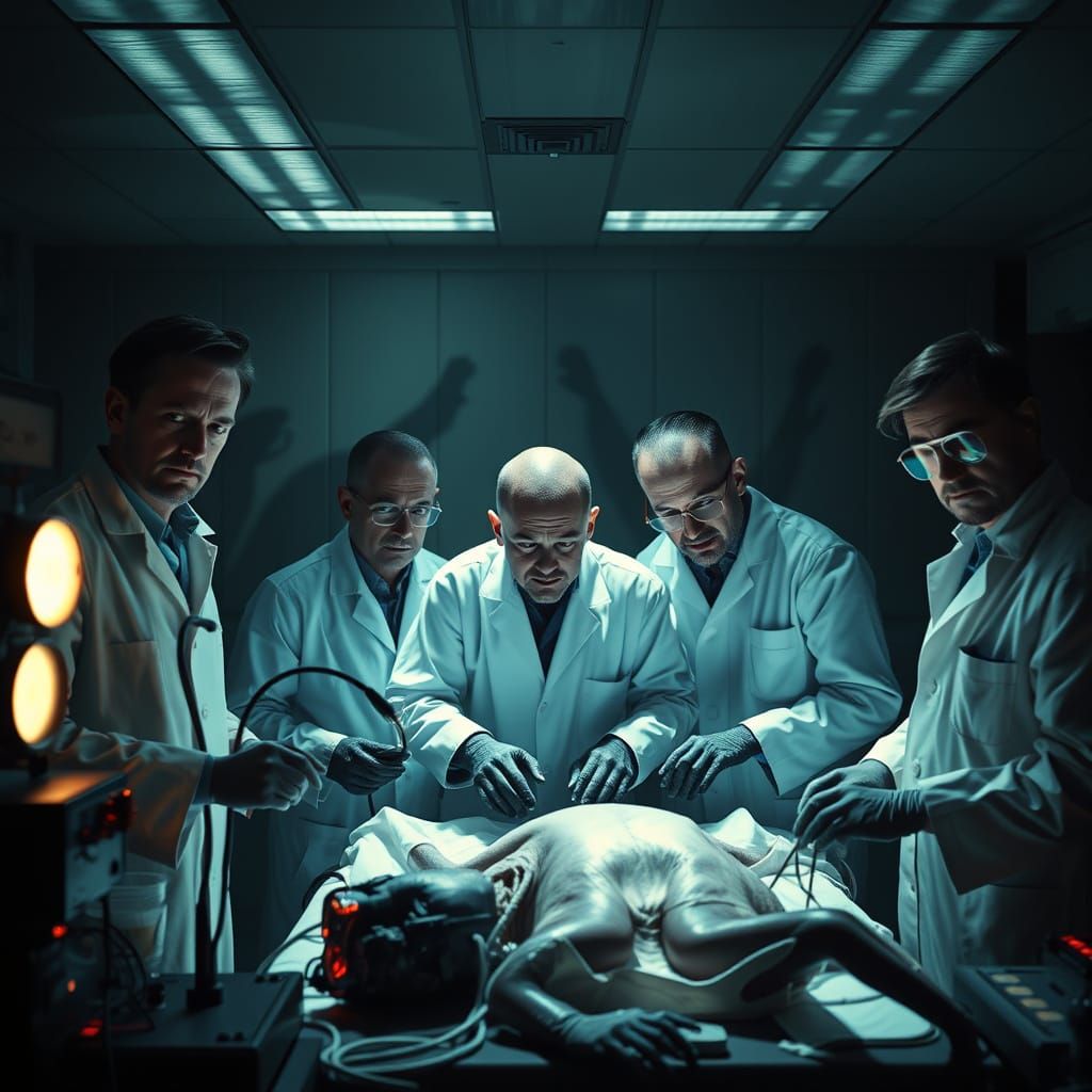 Scientists Perform Alien Autopsy in Ominous Horror Scene