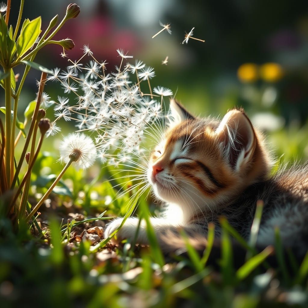 Dandelion Seeds Storm a Sleeping Kitten in a Vibrant Spring ...