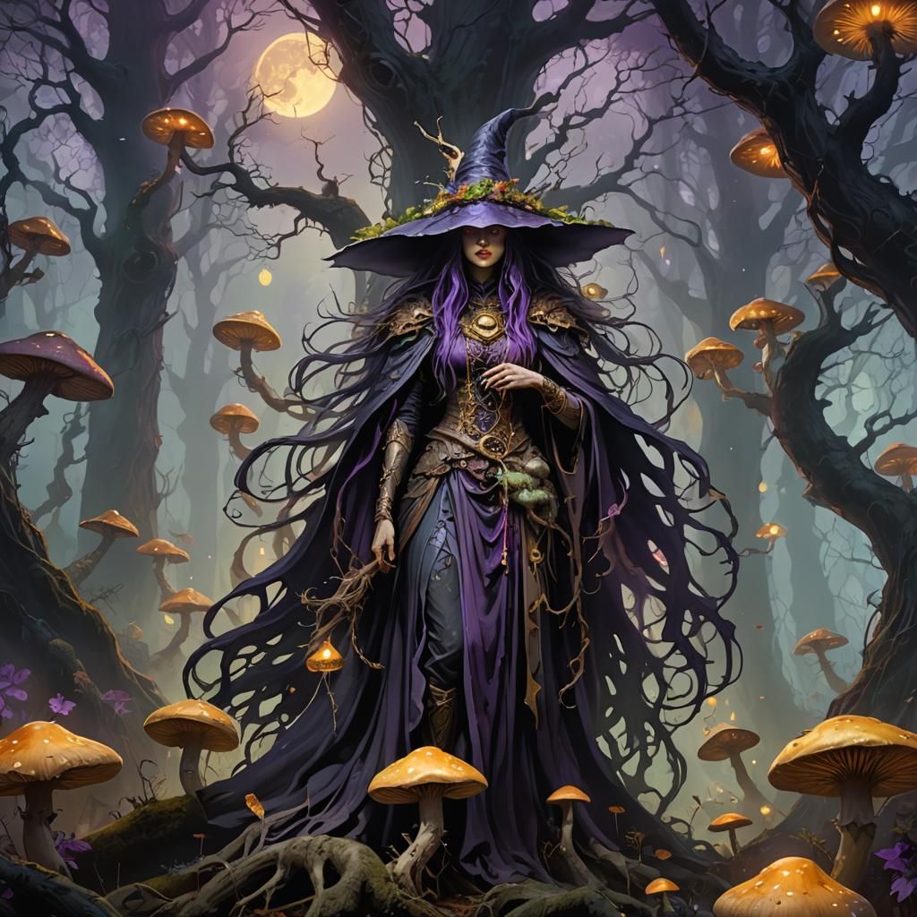 Mystical Moon Witch in a Dark Fantasy Forest