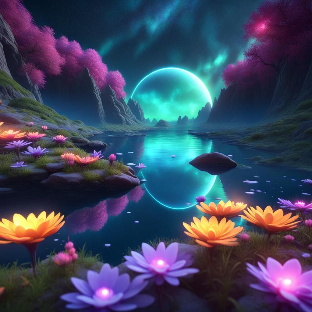 Glowing Nebula Flower Cove with Aurora Reflection