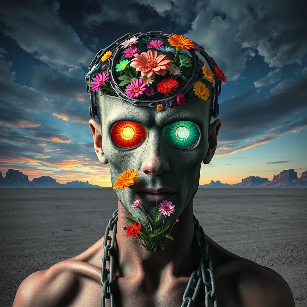 Surrealist Figure Emerges from Psychedelic Landscape