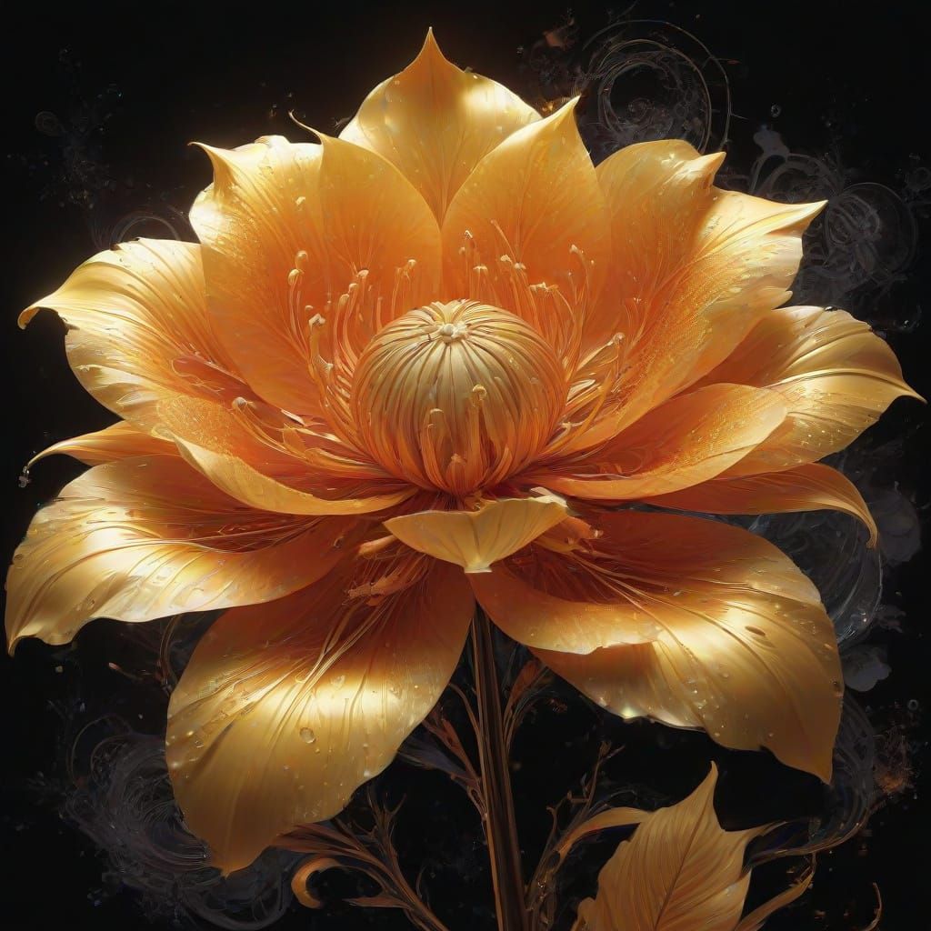 Ethereal Golden Flower in Cyberpunk Style Airbrush Painting