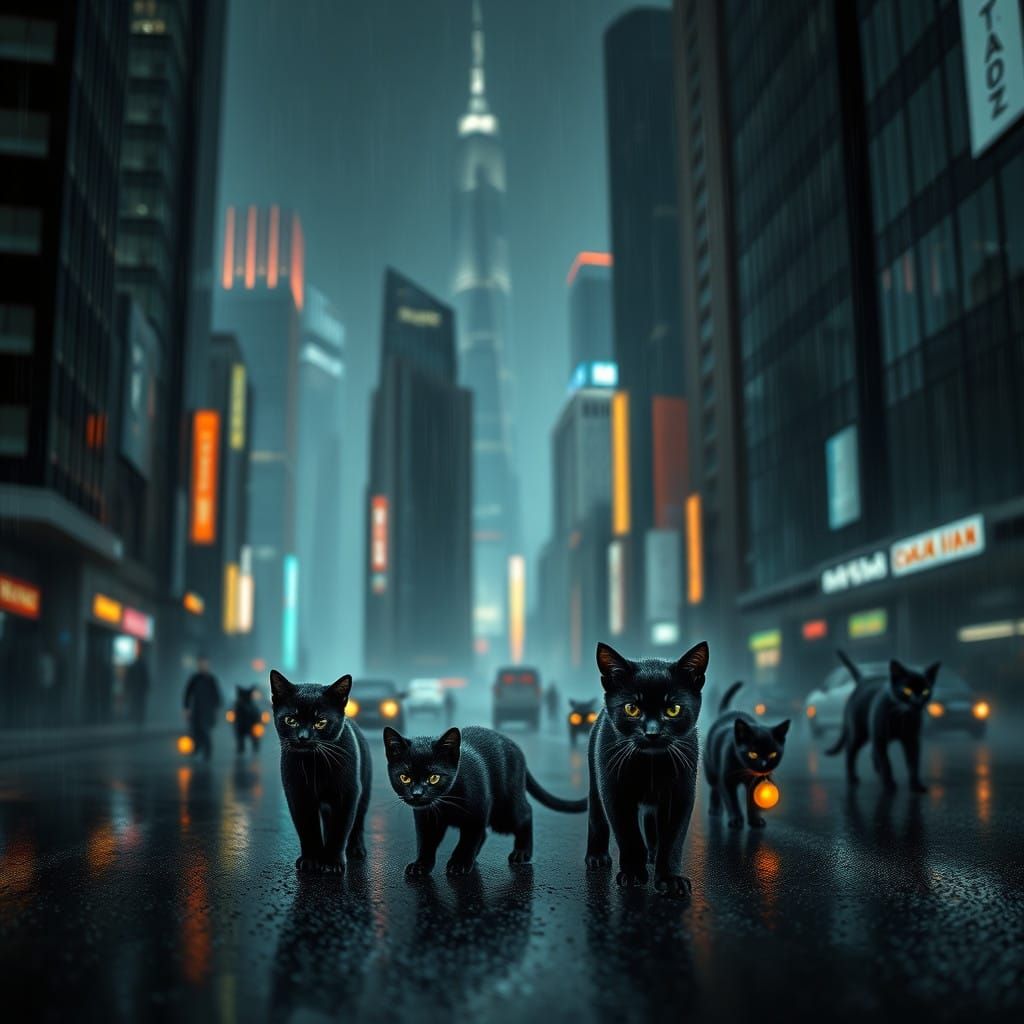 Miniature Black Cats Own the Rain-Soaked Metropolis
