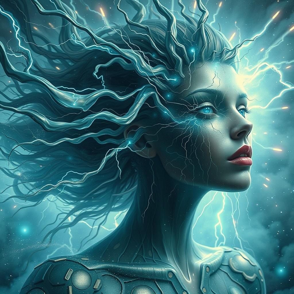 Lightning Figure Soars Through Storm Clouds