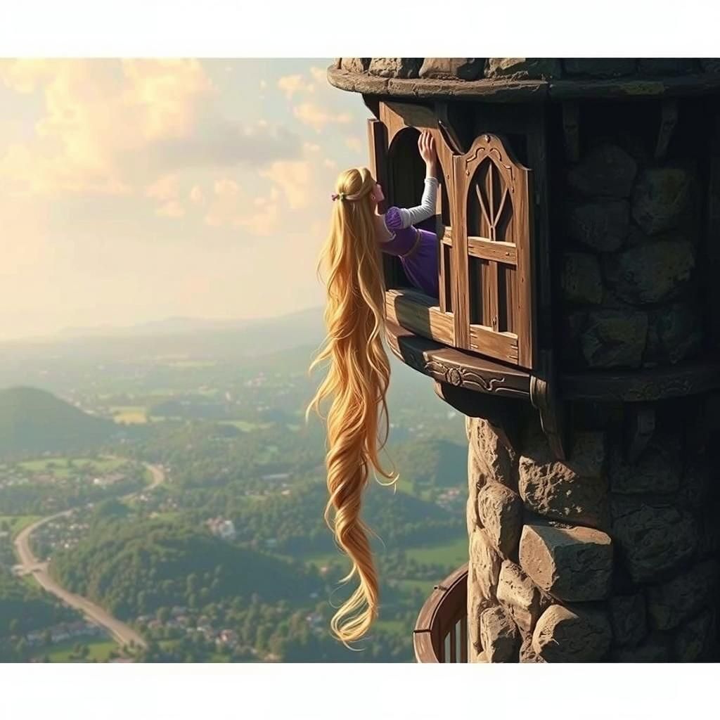 Rapunzel in Her Tower with Long Hair