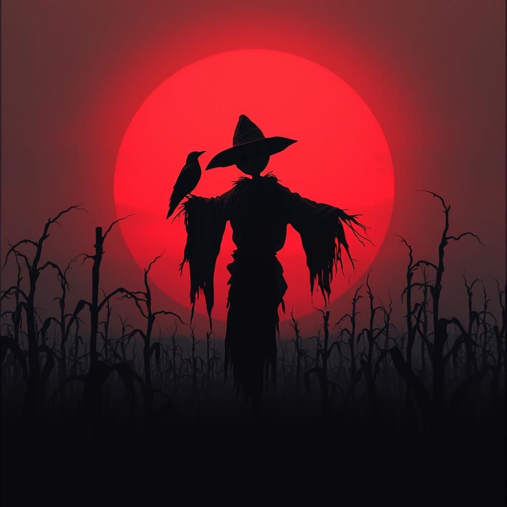 Scarecrow Silhouette Against Blood-Red Sunset in Dark Fantas...