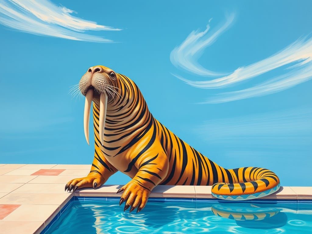 Surreal Californian Poolside Tiger-Walrus