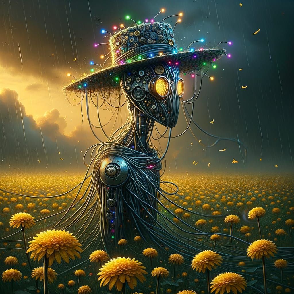 Robot in Flower Field: Renaissance Oil Painting