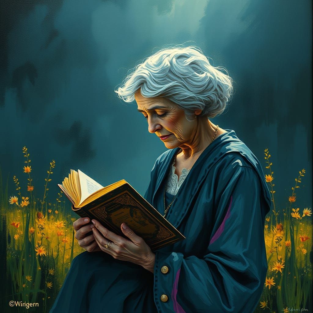 Impressionistic Painting of Woman Reading Outdoors