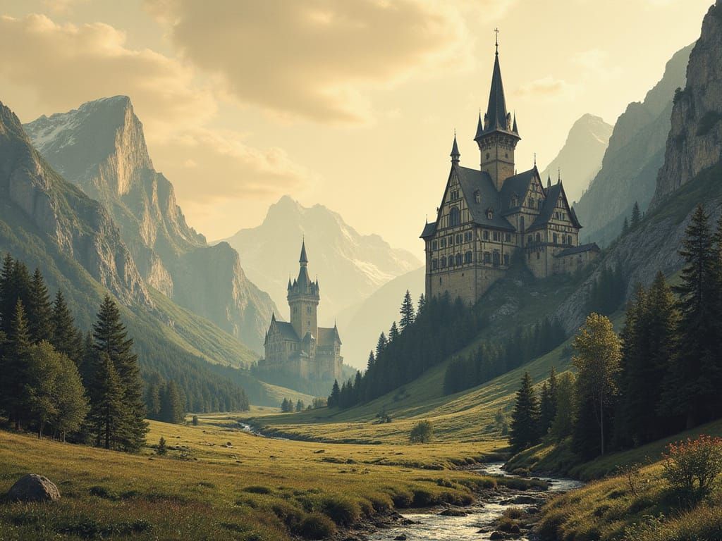 Fantasy Landscape with Two Castles in Comic Book Style