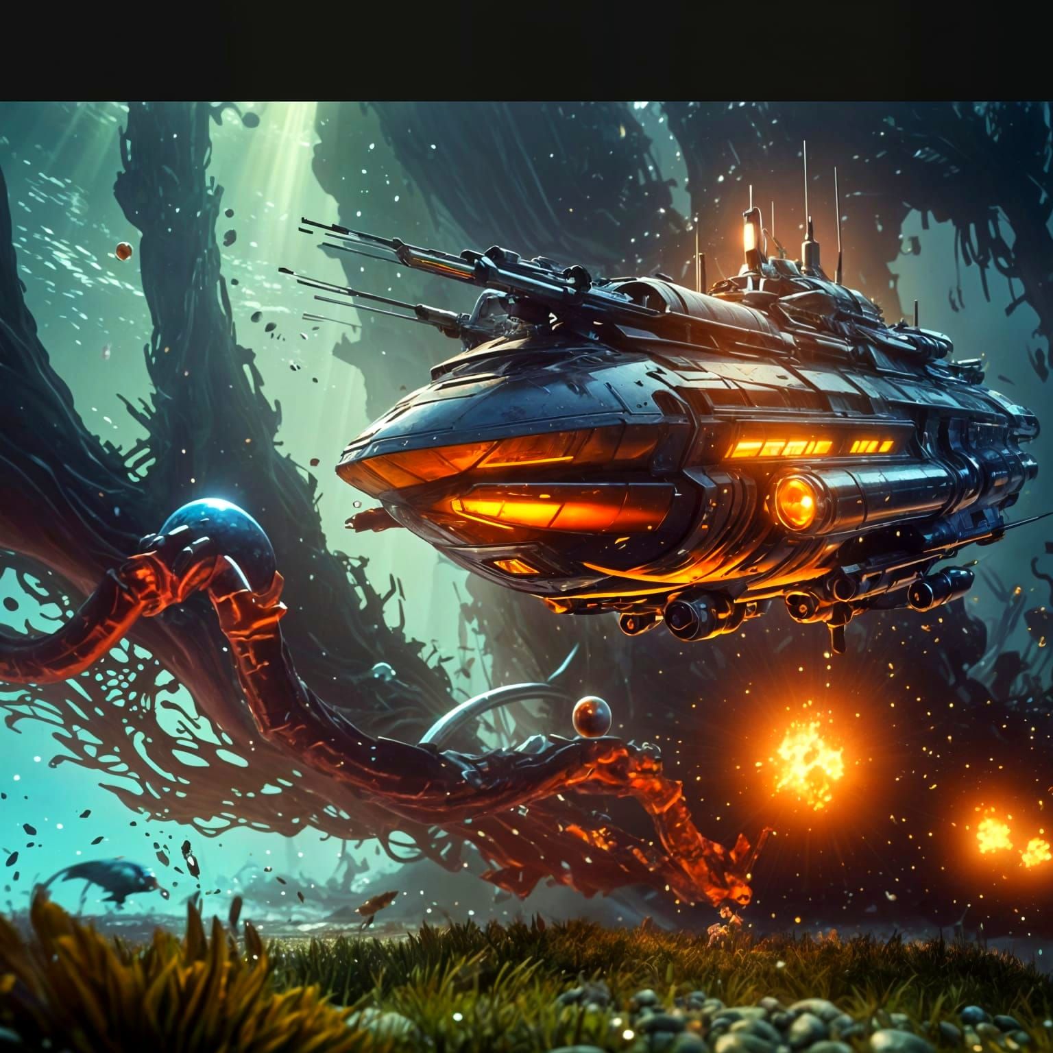 Chrome Sci-Fi Ship in Dramatic Underwater Scene