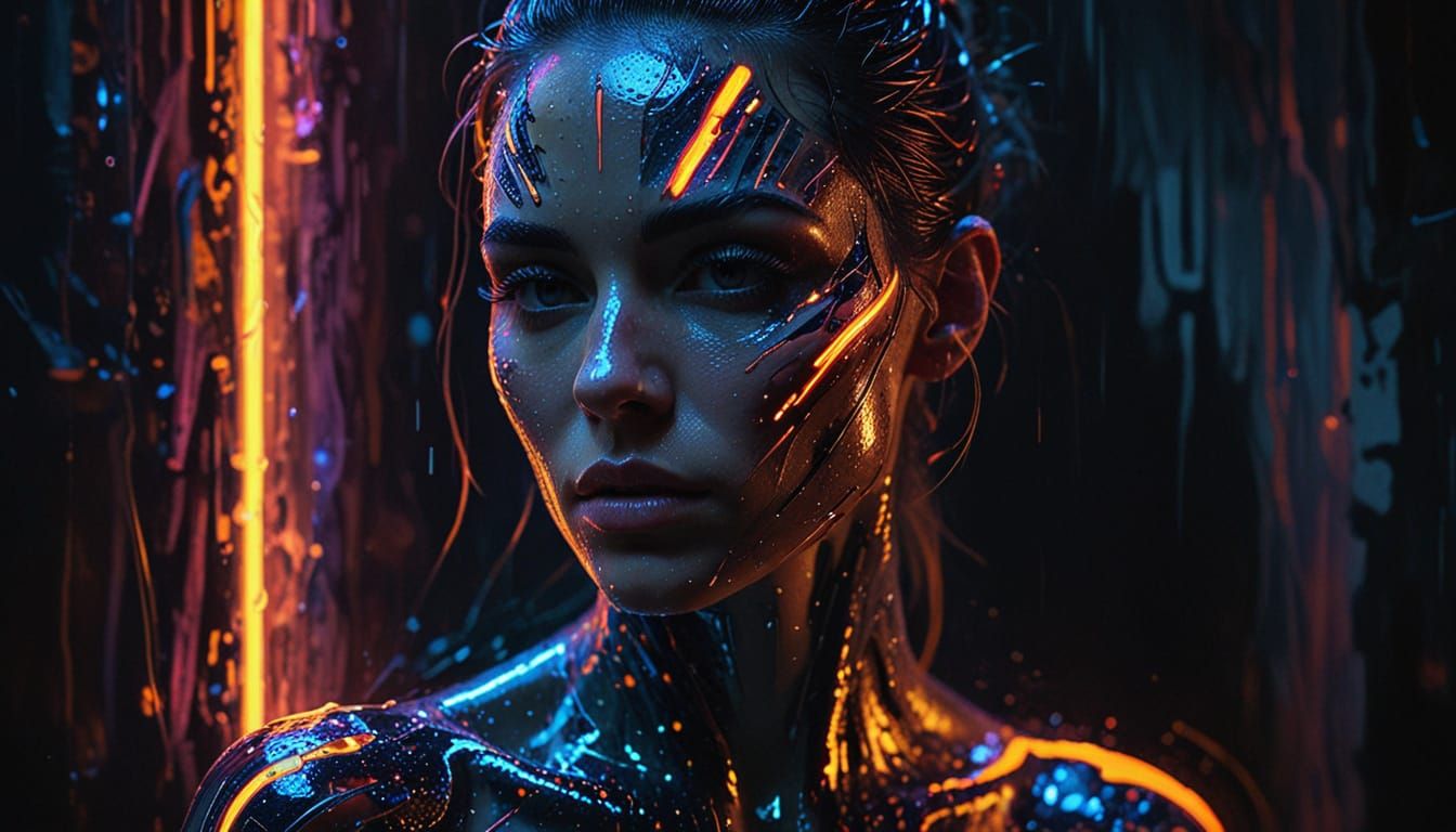Hyperrealistic Woman in Neon-lit Sci-Fi Setting
