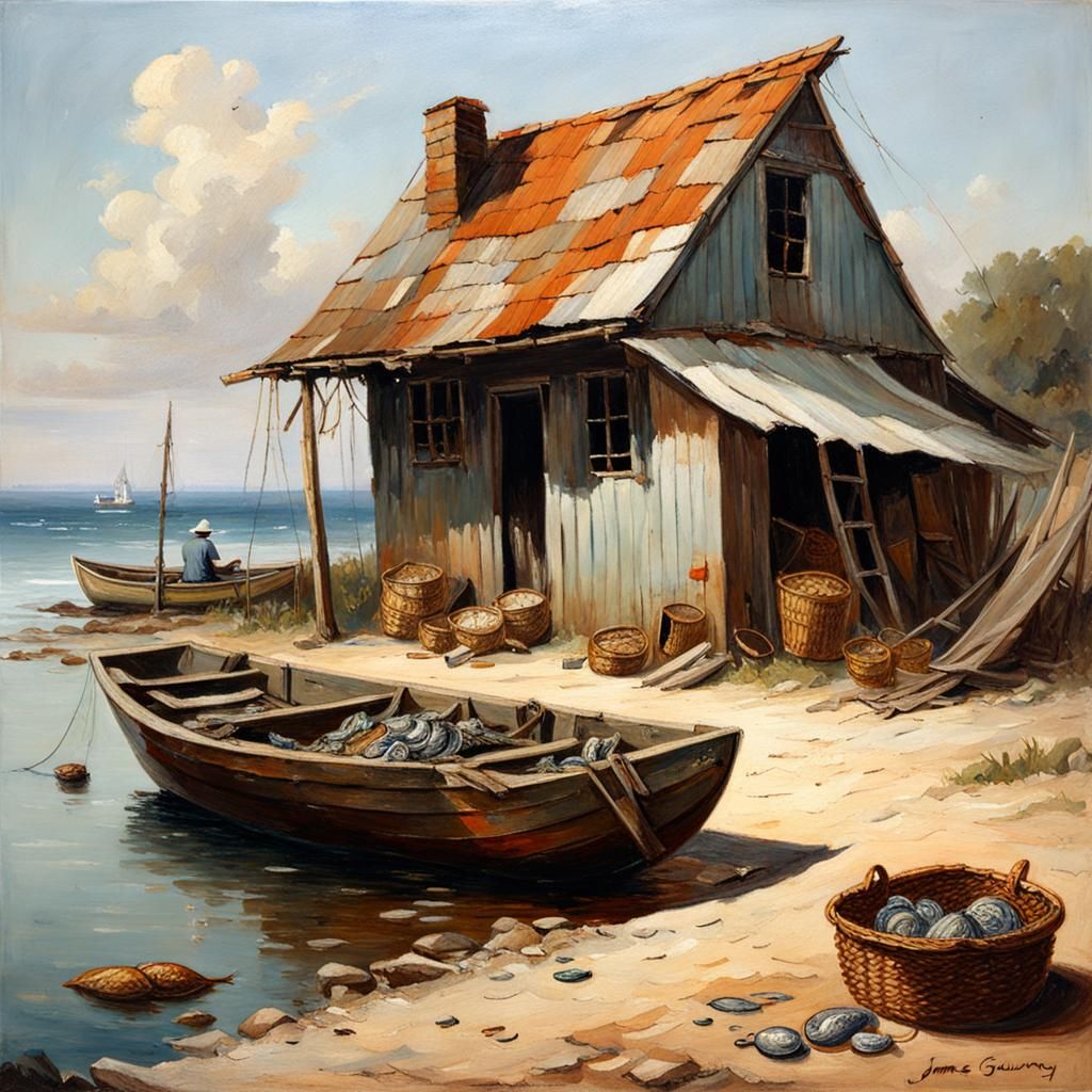 Seaside Shack with Fishing Catch, Oil Painting