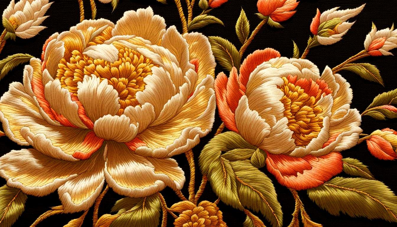 Embroidered Peonies Tapestry in Crewelwork Style