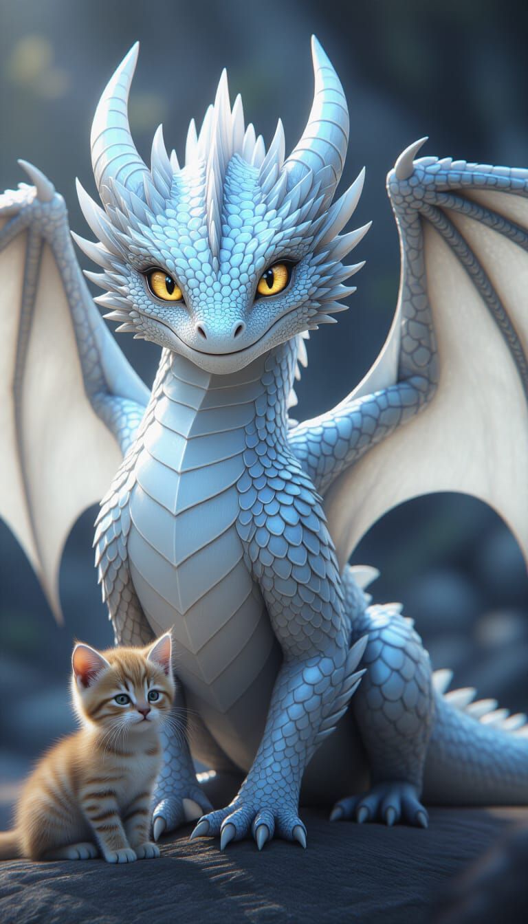 Adolescent Silver Dragon with Golden Eyes