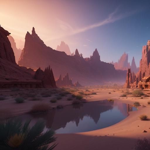 Desert Oasis at Dawn: Detailed Matte Painting