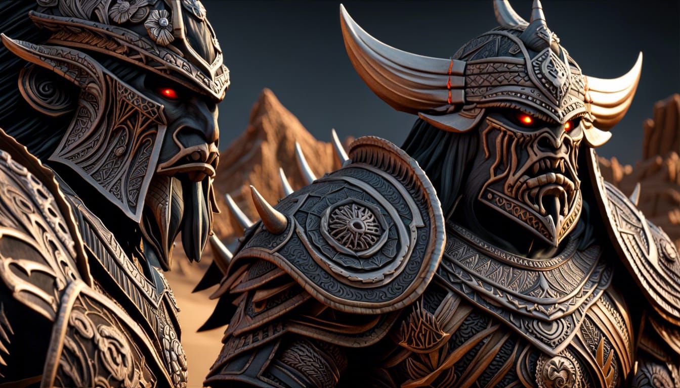 Detailed Ettin in Desert Landscape with Tribal Weapons