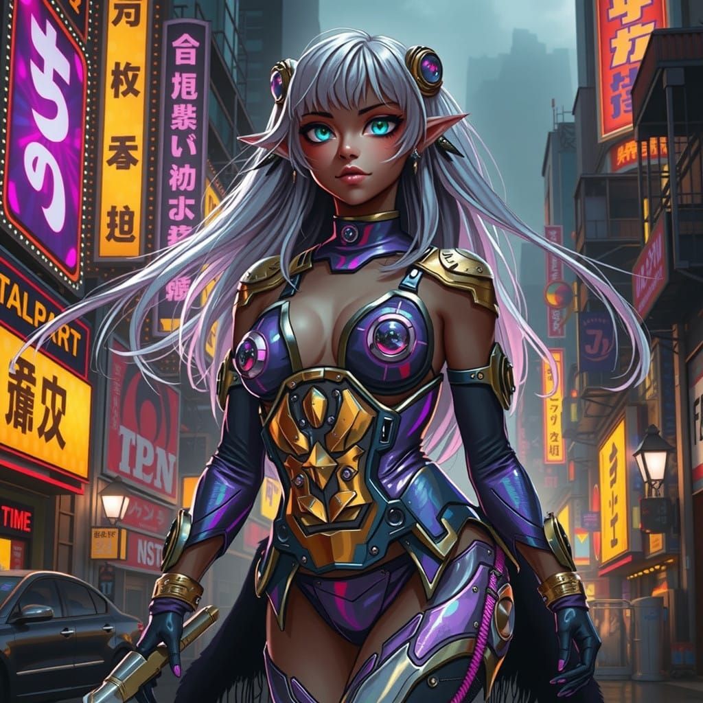 Vibrant Dark Fae in Cyberpunk Cityscape with Neon Lights and...