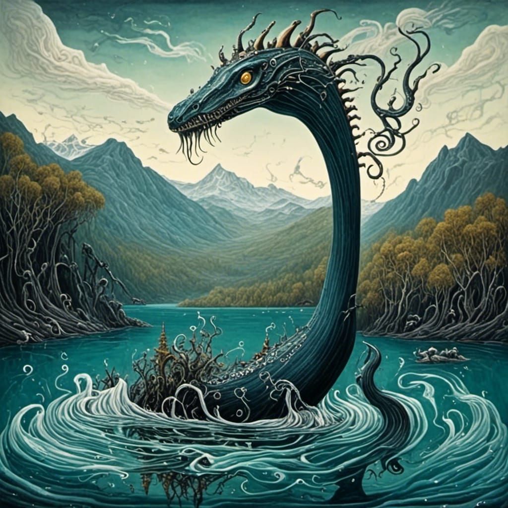 Loch Ness Monster in Fairytale Lake Scene
