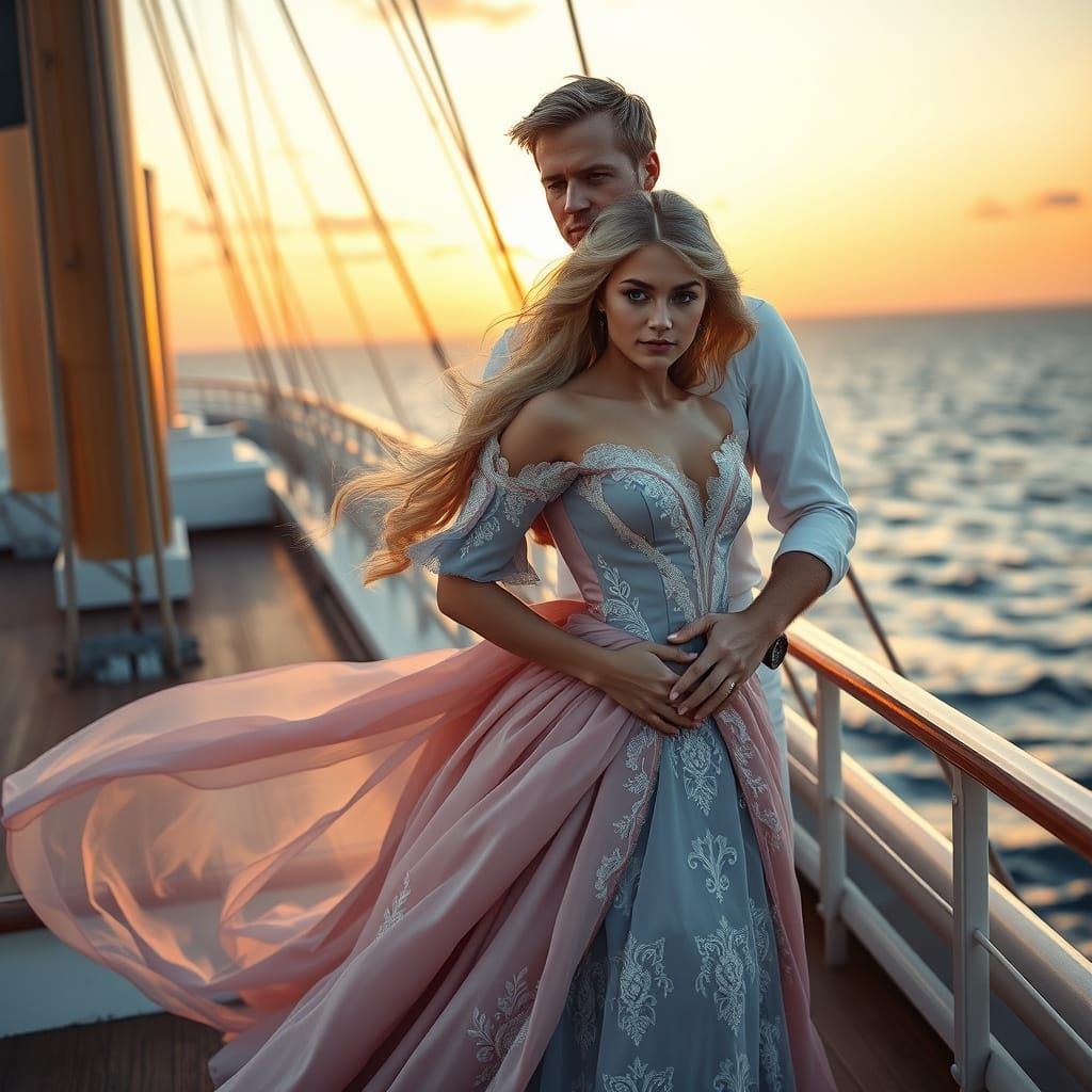 Romantic Ocean Liner Embrace at Sunset