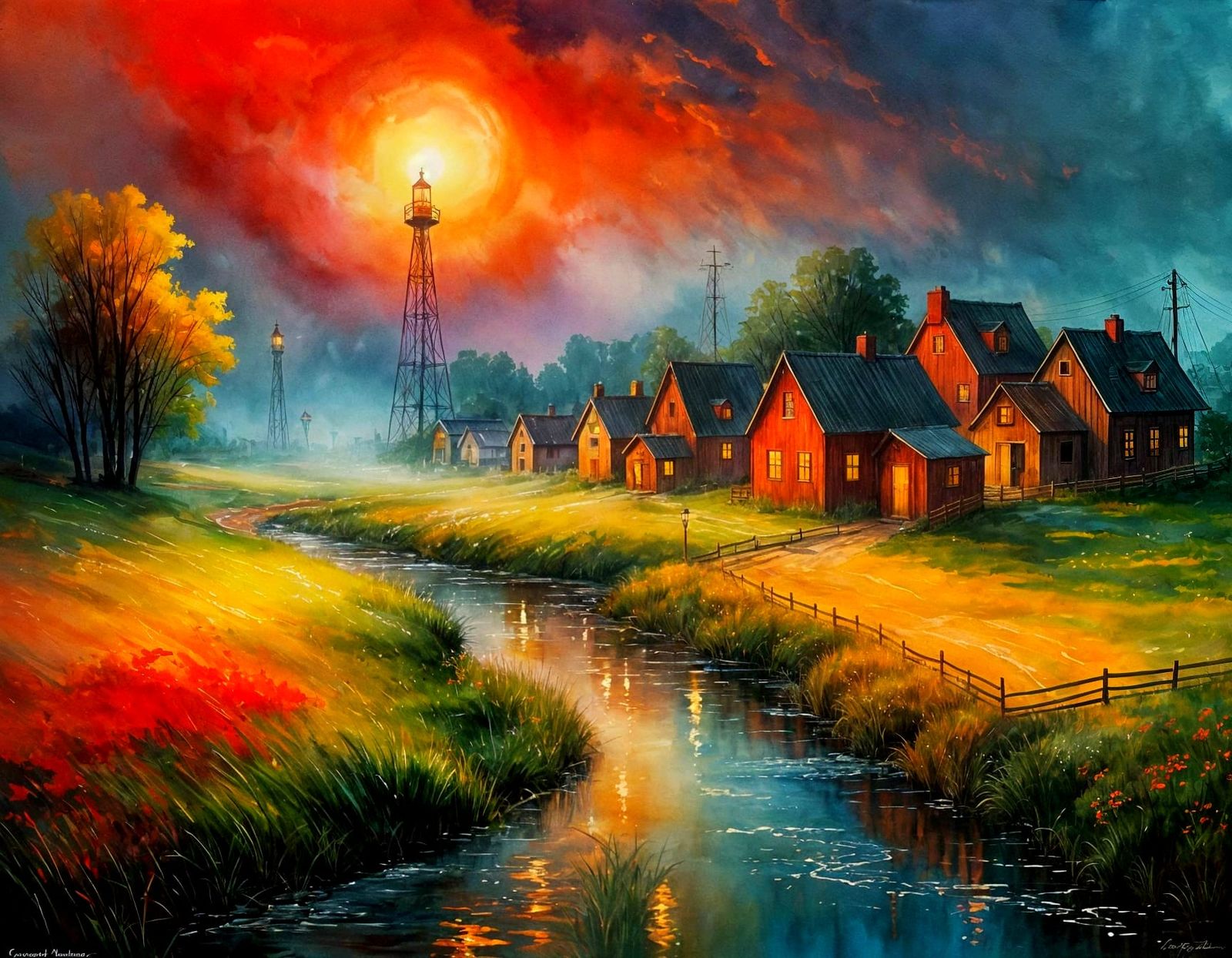 Nostalgic Village Houses in Red Landscape at Sunrise