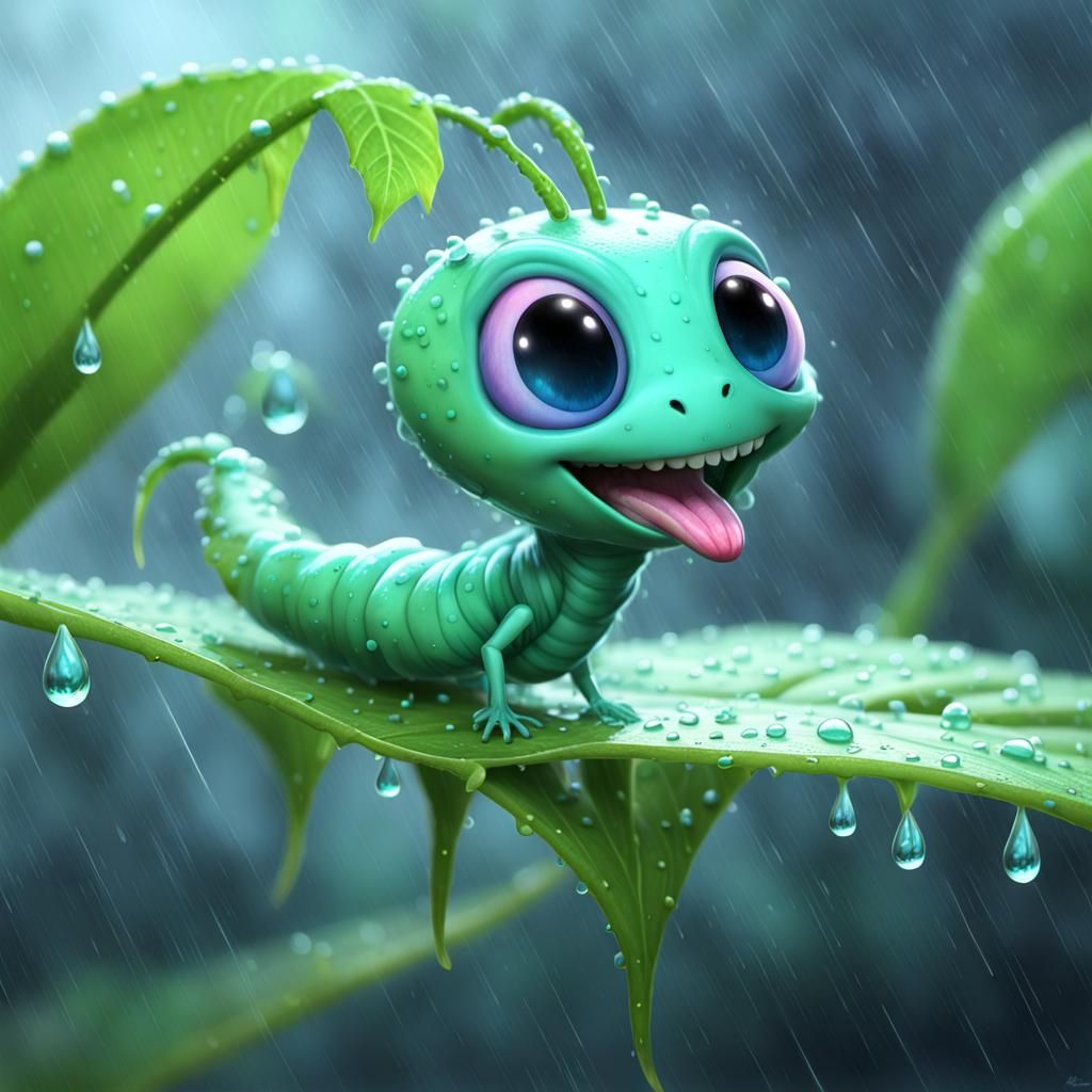 Bioluminescent Alien Inchworm in Rainy 3D Render