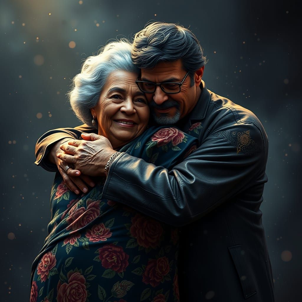 Tropical Magnum PI Lookalike Hugs Loving Mother in a Vibrant...