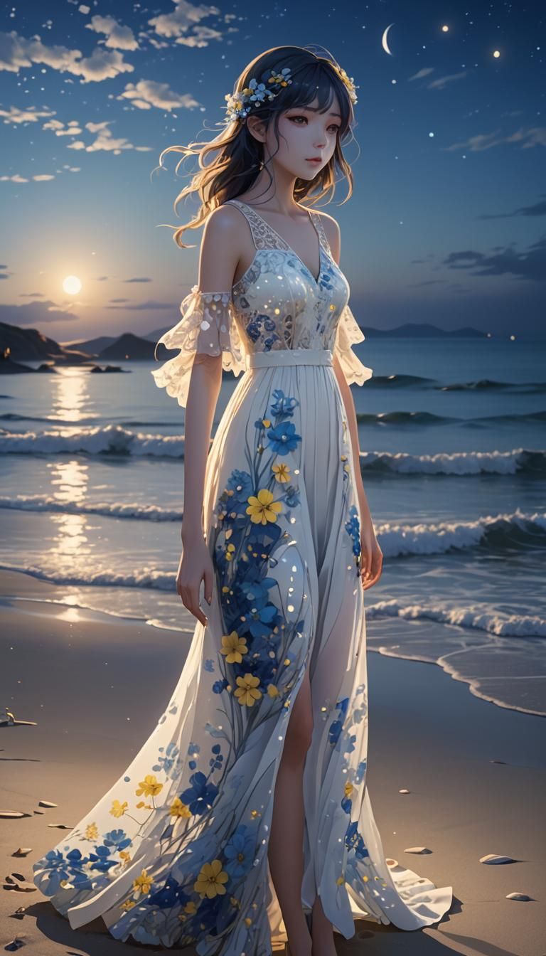 Anime Girl on Moonlit Beach in 3D Style