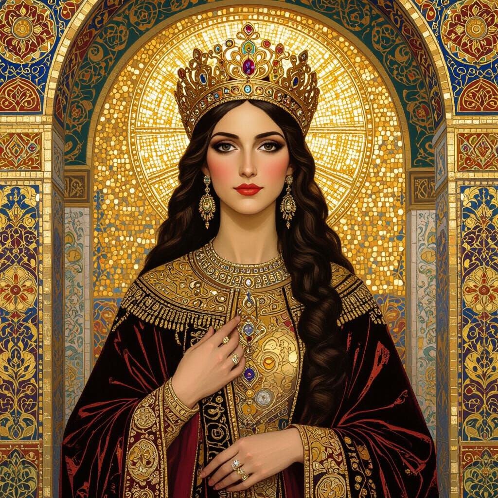 Byzantine Queen in Golden Headdress Amidst Ornate Architectu...