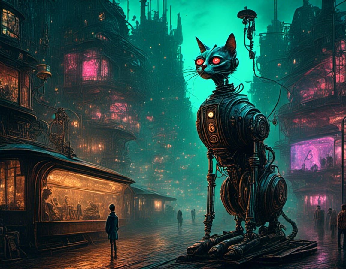 Confused Alien Robot in Cyberpunk Cityscape