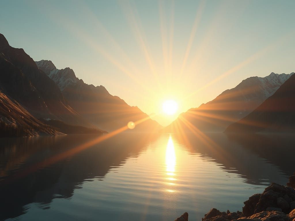 Photorealistic Mountain Lake Sunset with Radiant Light