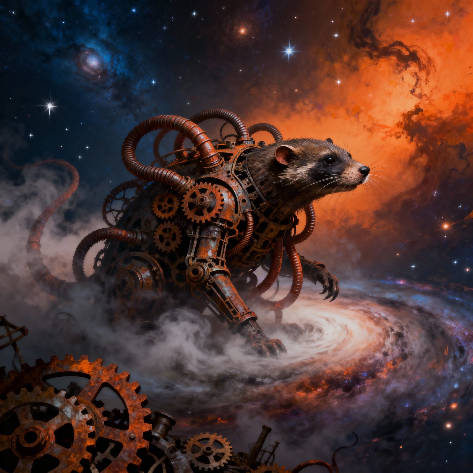 Colossal Mechanical Weasel Ascends Cosmic Nebula