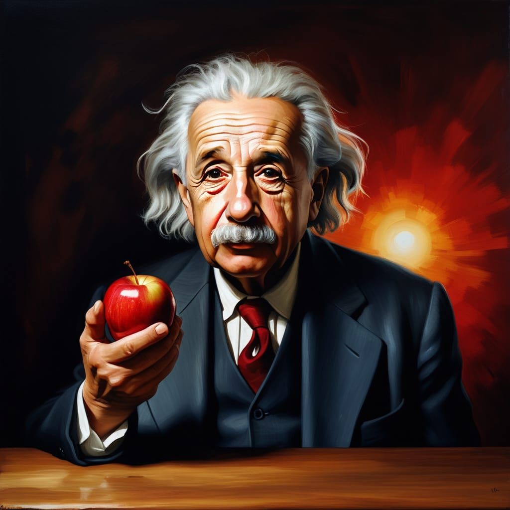 Albert Einstein holding a bright red apple, lost in deep thought.