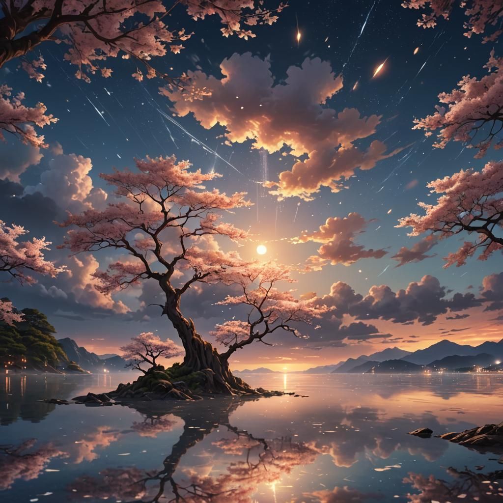 Mystical Sunset Scene with Sakura Tree Reflection