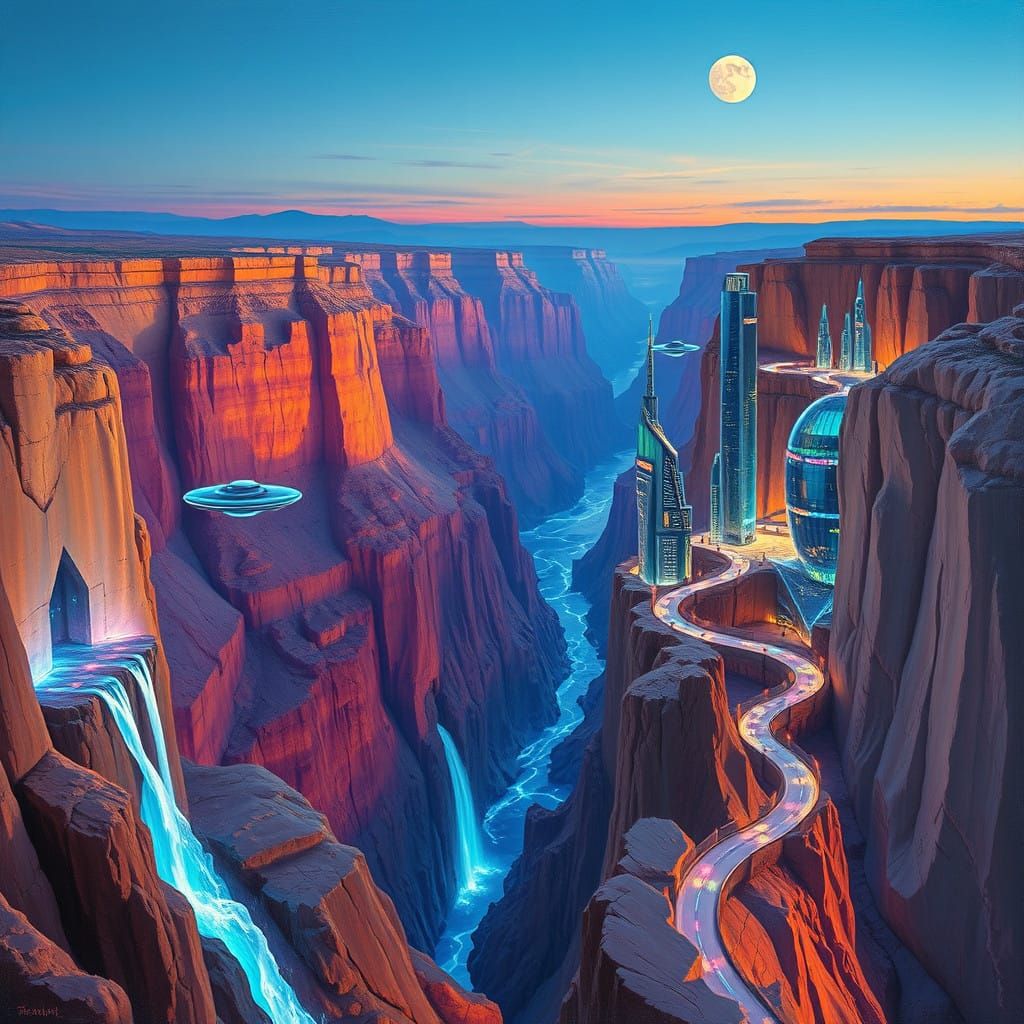Ethereal Futuristic Cityscape in a Colossal Canyon, Glowing...