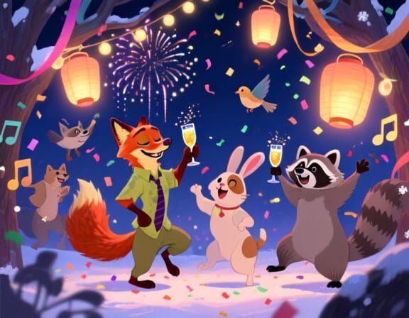 Joyful Animal New Year's Party with Fireworks