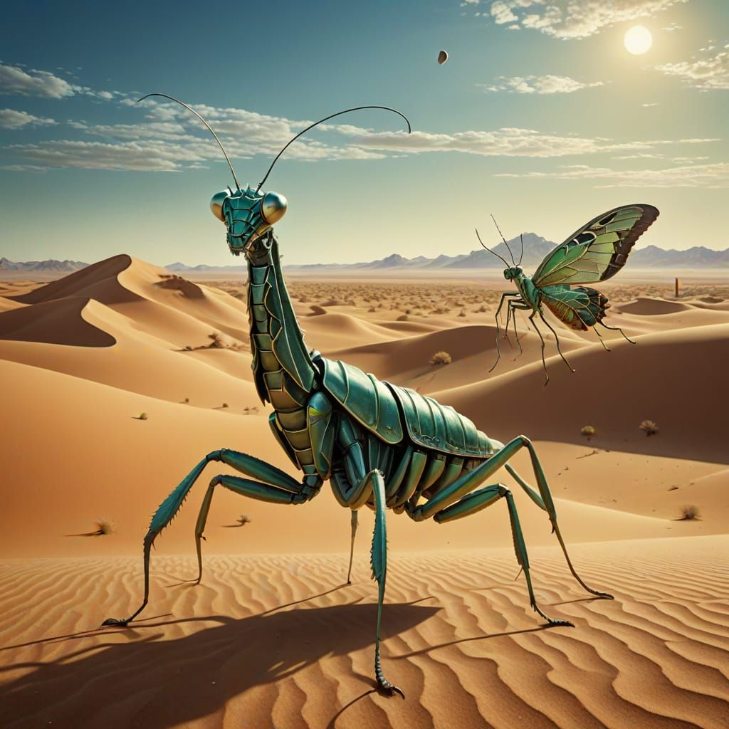 Mantis Rides Winged Prawn Through Iridescent Desert