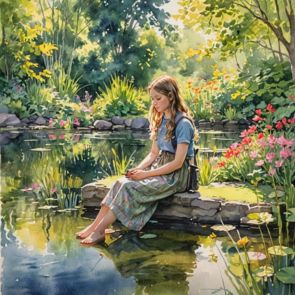 Girl Fishing: Mixed Media Pond Illustration